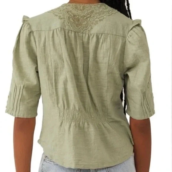 Free People Laurie Embroidered Blouse In Green Tea Leaves Medium NEW! - Picture 3 of 8